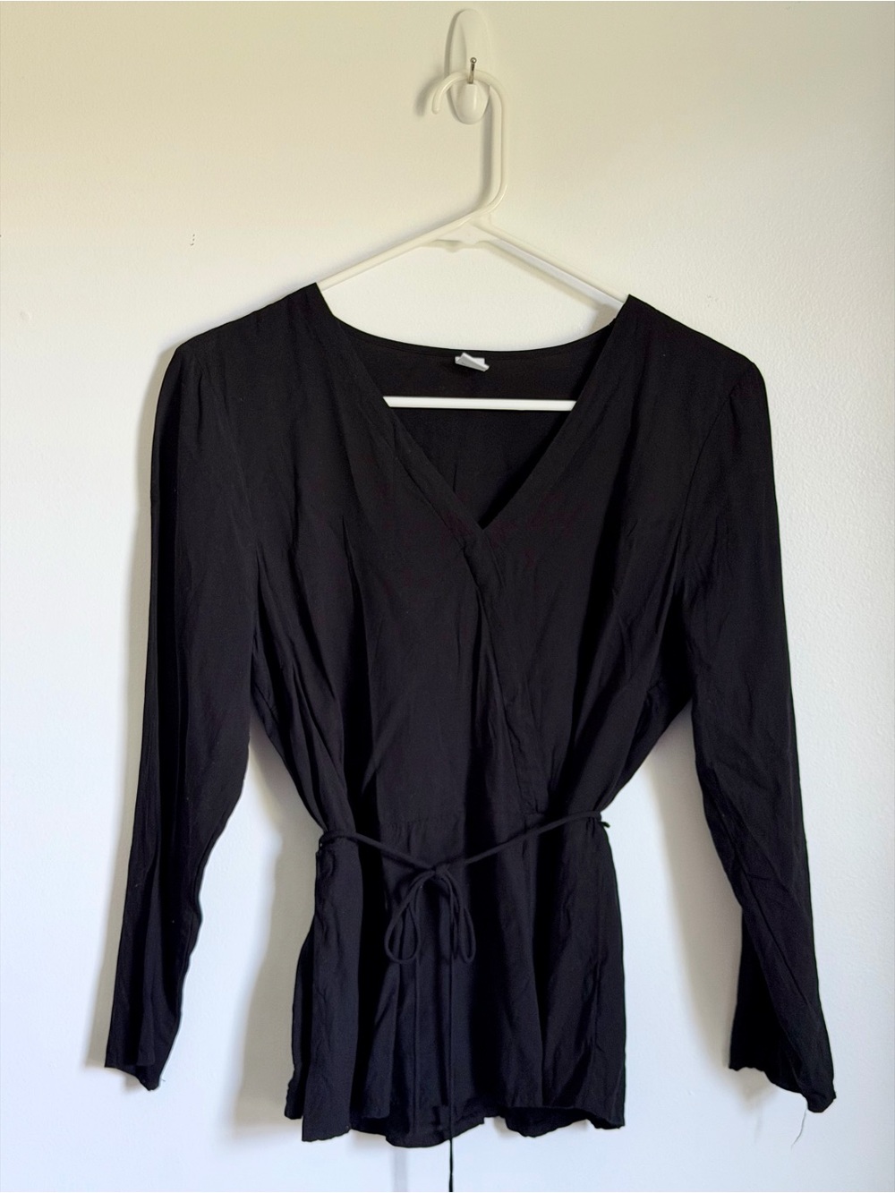 Black Long-Sleeve Wrap Dress with Waist Tie